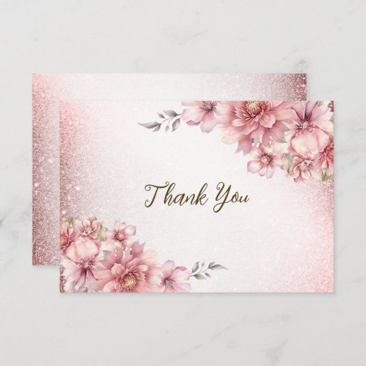 パーティーピンク水彩フラワーシャイニーグリッター モダン サンキューカード (正面/裏面)