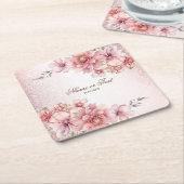 パーティーピンク水彩フラワーシャイニーグリッター モダン スクエアペーパーコースター (アングル)