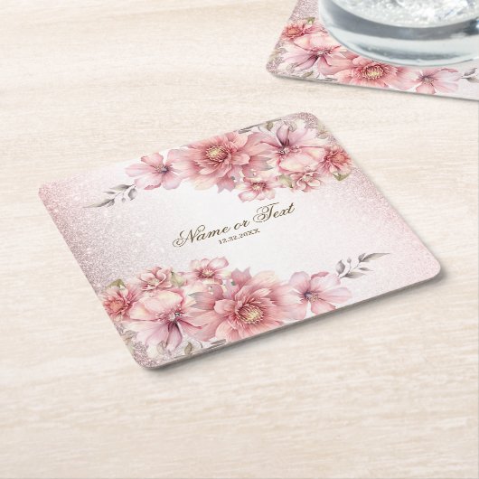 パーティーピンク水彩フラワーシャイニーグリッター モダン スクエアペーパーコースター (アングル)