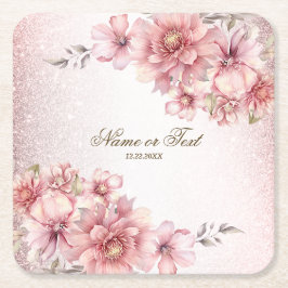 パーティーピンク水彩フラワーシャイニーグリッター モダン スクエアペーパーコースター
