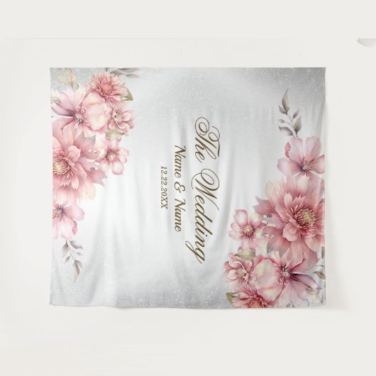 パーティーピンク水彩フラワーシャイニーグリッター モダン タペストリー (正面(横))