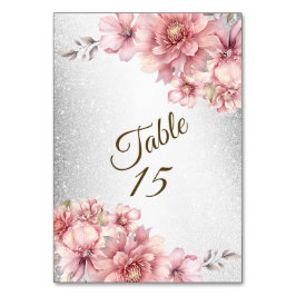 パーティーピンク水彩フラワーシャイニーグリッター モダン テーブルナンバー