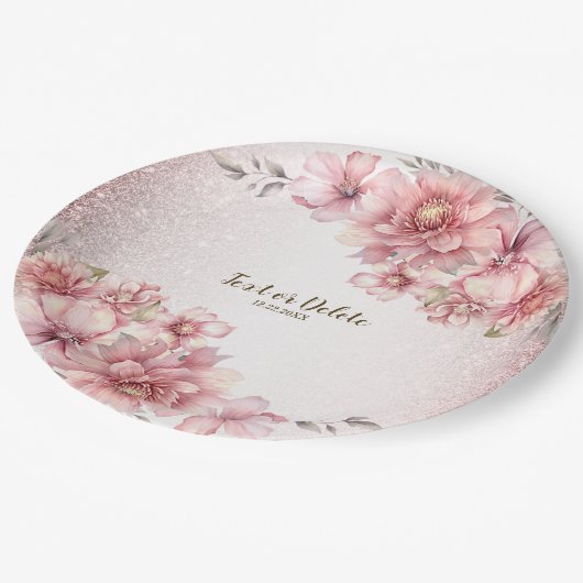 パーティーピンク水彩フラワーシャイニーグリッター モダン ペーパープレート (アングル)