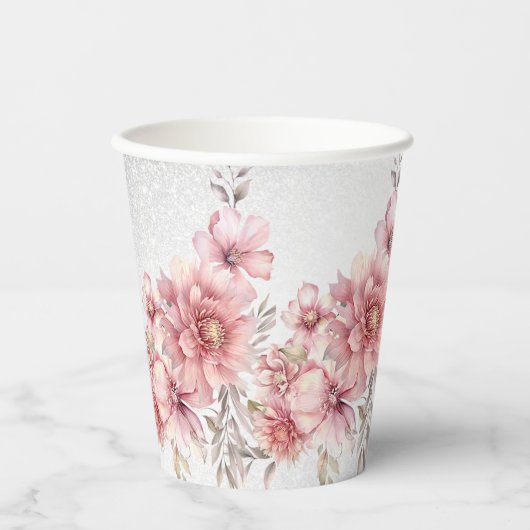 パーティーピンク ウォーターカラー フラワー シャイニー グリッター モダン 紙コップ (正面)