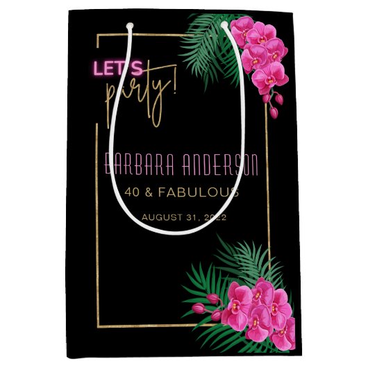 パーティーブラック金ゴールドネオン40歳の誕生日 ミディアムペーパーバッグ (正面)