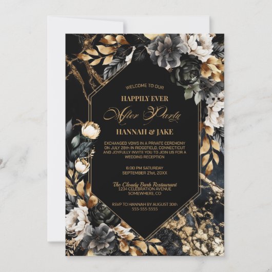 パーティーブラック金ゴールドフローラの後の幸せ結婚な 招待状 (正面)
