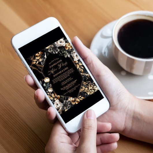 パーティーブラック金ゴールドフローラの後の幸せ結婚な 招待状