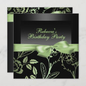 パーティーブラック&グリーンフラワー誕生日招待状 招待状 (正面/裏面)