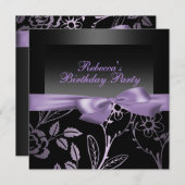パーティーブラック&パープルフラワー誕生日招待状 招待状 (正面/裏面)