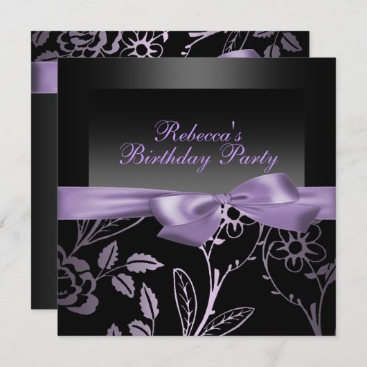 パーティーブラック&パープルフラワー誕生日招待状 招待状 (正面/裏面)