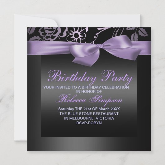 パーティーブラック&パープルフラワー誕生日招待状 招待状 (裏面)