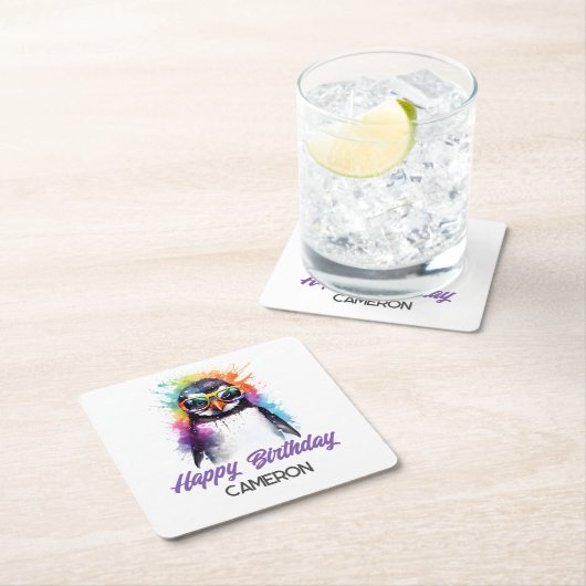 パーティーペンギンのサングラス子供の誕生日 スクエアペーパーコースター (インサイチュ)