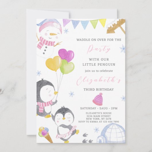パーティーペンギン誕生日招待状 招待状 (正面)