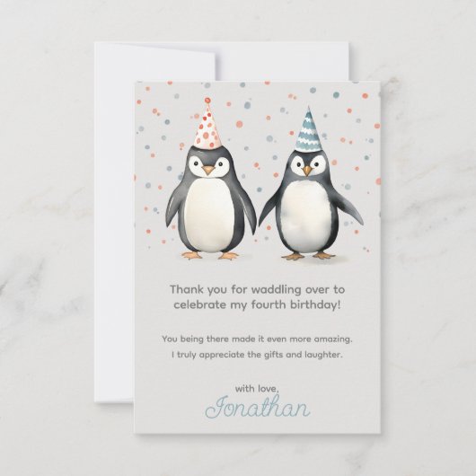 パーティーペンギン、子供の誕生日を渡り歩く サンキューカード (正面)