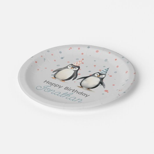 パーティーペンギン、水彩子供の誕生日 ペーパープレート (アングル)