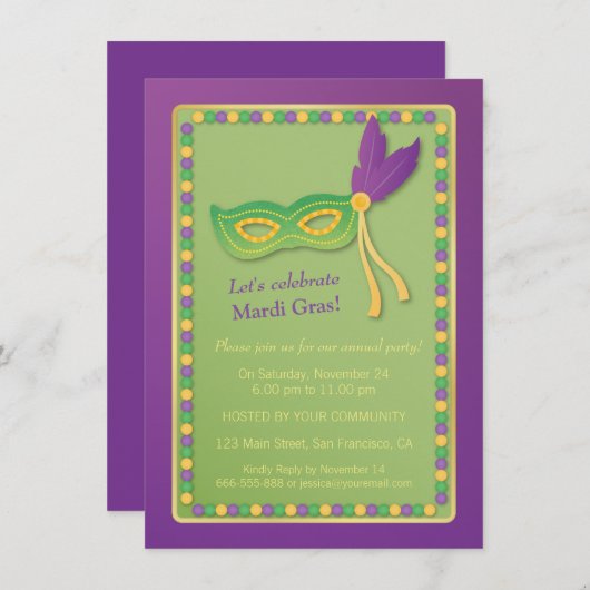 パーティーマスクとビーズマルディグラ招待状 招待状 (正面/裏面)