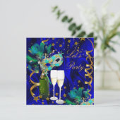 パーティーマスクシャンパンブルー金ゴールドマスカレード 招待状 (スタンド正面)