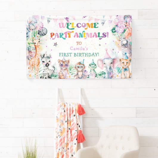 パーティーモダンかわいい動物の女の子誕生日へようこそ 横断幕 (インサイチュ)