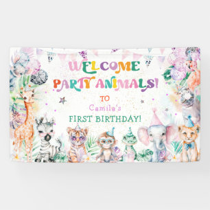 パーティーモダンかわいい動物の女の子誕生日へようこそ 横断幕