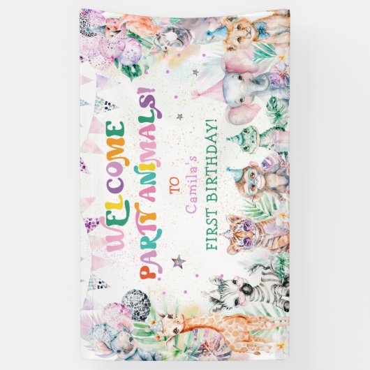 パーティーモダンかわいい動物の女の子誕生日へようこそ 横断幕 (縦)