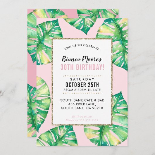 パーティーモダン招待状熱帯モンステ離れラ 招待状 (正面/裏面)