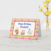 パーティーライオンとバルーン羊の誕生日ケーキ カード (黄色い花)