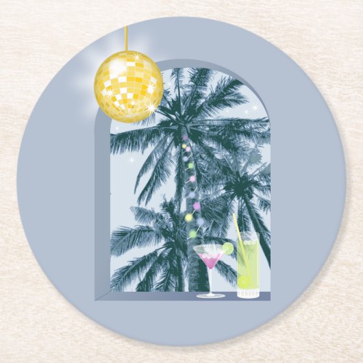 パーティーライツカクテルディスコボールパームズオンブルー ラウンドペーパーコースター (正面)