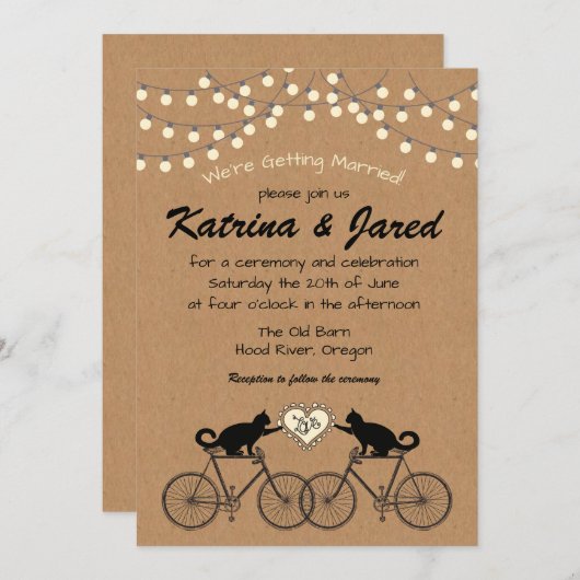 パーティーライトと猫をオンバイク結婚式招待状 招待状 (正面/裏面)