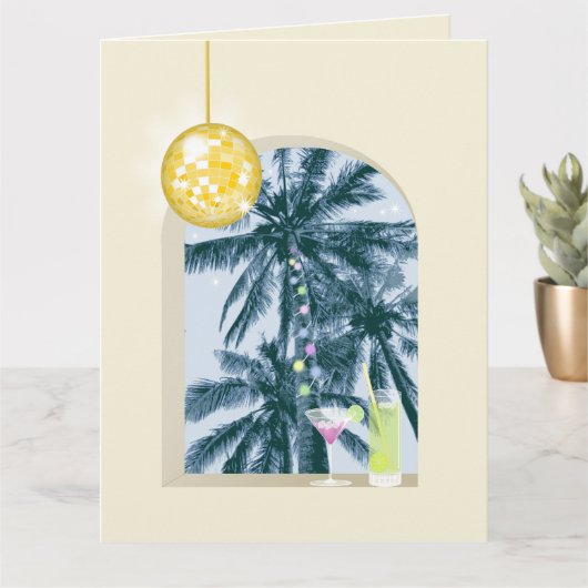 パーティーライトカクテルディスコボールパームオンイエロー カード (小さな植物)