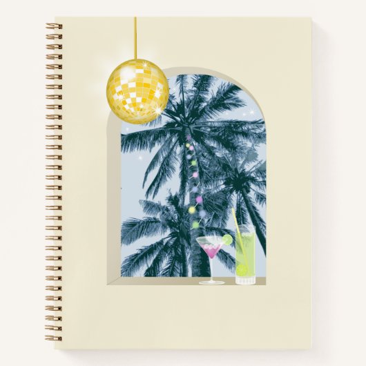 パーティーライトカクテルディスコボールパームオンイエロー ノートブック (正面)