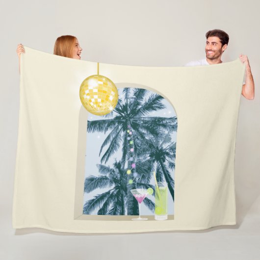 パーティーライトカクテルディスコボールパームオンイエロー フリースブランケット (インサイチュ)