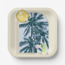 パーティーライトカクテルディスコボールパームオンイエロー ペーパープレート