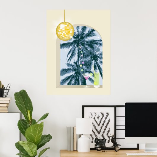 パーティーライトカクテルディスコボールパームオンイエロー ポスター (ホームオフィス)