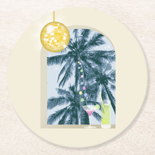パーティーライトカクテルディスコボールパームオンイエロー ラウンドペーパーコースター (正面)