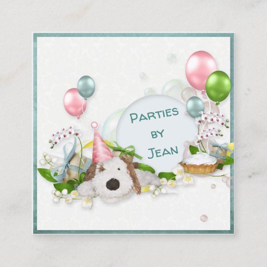 パーティー付き帽子の犬 スクエア名刺 (正面)