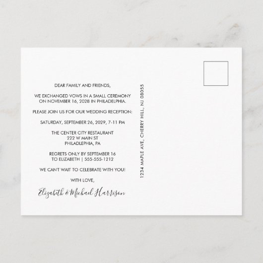 パーティー写真ほこりっぽいバラの後の幸せ結婚な 案内ポストカード (裏面)