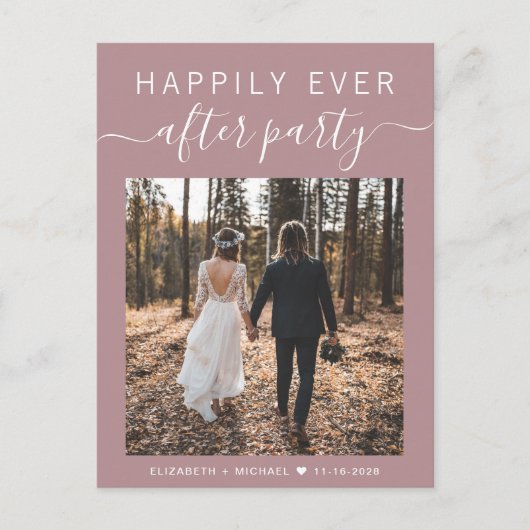 パーティー写真ほこりっぽいバラの後の幸せ結婚な 案内ポストカード (正面)