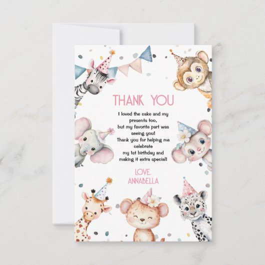 パーティー動物かわいいサファリガールバースデーパーティー サンキューカード (正面)
