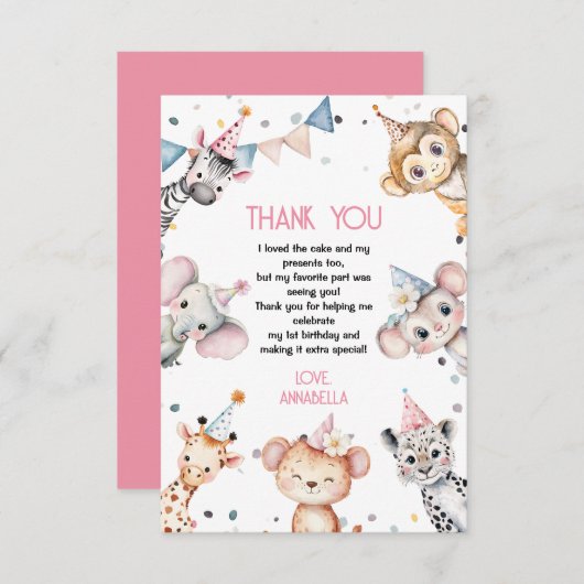 パーティー動物かわいいサファリガールバースデーパーティー サンキューカード (正面/裏面)