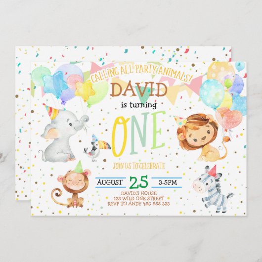 パーティー動物が野生のワン·ボーイ·ジャングル·ファースト誕生日 招待状 (正面/裏面)