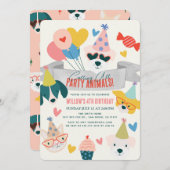 パーティー動物の犬と猫のバルーン誕生日 招待状 (正面/裏面)