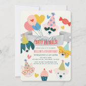 パーティー動物の犬と猫のバルーン誕生日 招待状 (正面)