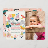 パーティー動物の犬と猫の風船誕生日写真 招待状 (正面/裏面)