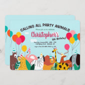 パーティー動物の誕生日パーティーへの招待 招待状 (正面/裏面)