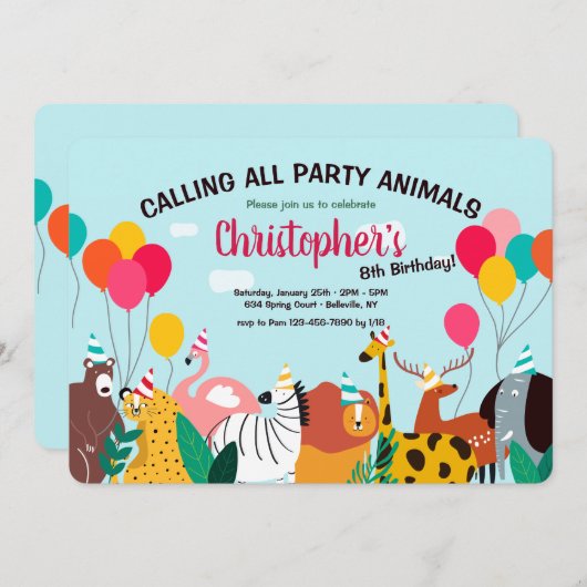 パーティー動物の誕生日パーティーへの招待 招待状 (正面/裏面)