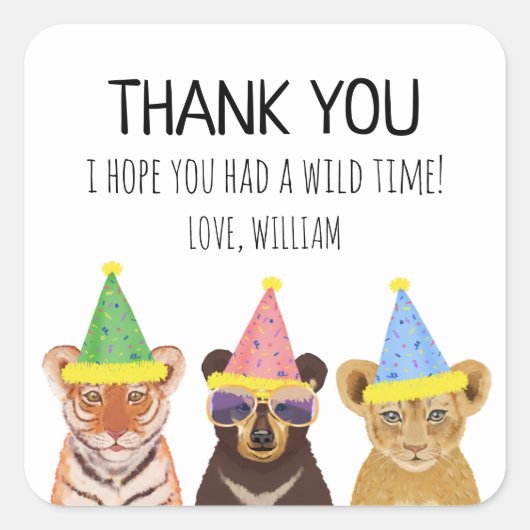 パーティー動物イラストレーション誕生日ありがとう スクエアシール (正面)