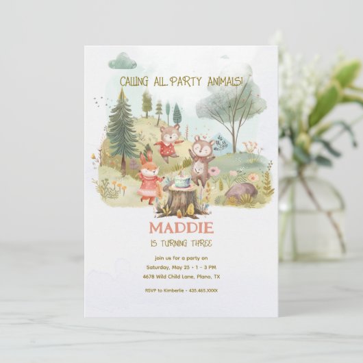 パーティー動物ウッドランド子供の誕生日パーティー 招待状 (スタンド正面)