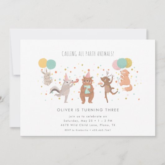 パーティー動物カラフル子供の誕生日パーティー 招待状 (正面)