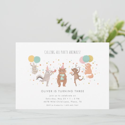 パーティー動物カラフル子供の誕生日パーティー 招待状 (スタンド正面)