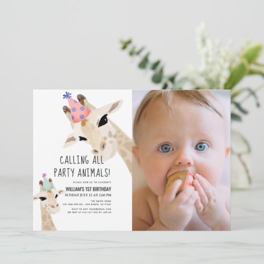 パーティー動物キリン写真第1誕生日 招待状 (スタンド正面)